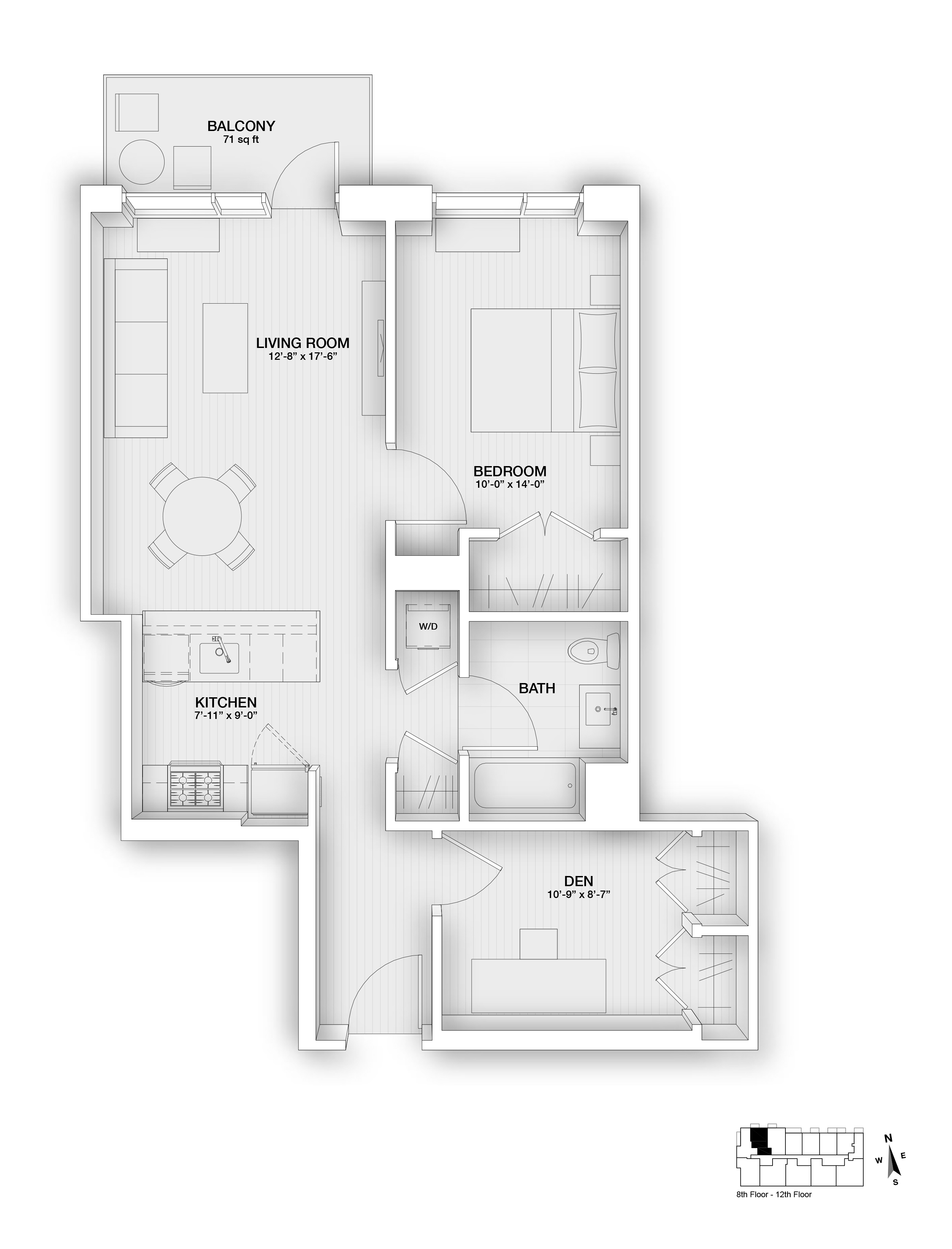 Floor plan for 2 beds, 1 bath, 818 sqft